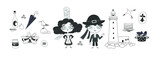 Breton kids in traditional breton costumes and and traditional symbols of Brittany- Cider, oysters, mussels, lighthouse, seagulls, cookies, salted caramel, pancakes.Black and white hand drawn image.