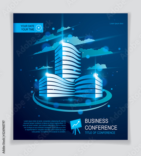 Office building brochure, modern architecture vector flyer with blurred lights and glares effect. Real estate business center blue design. 3D futuristic facade business conference print template.