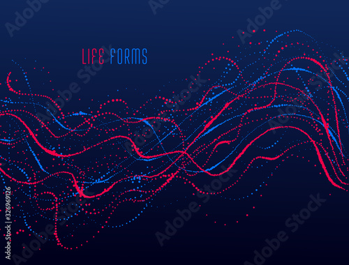 Fototapeta Naklejka Na Ścianę i Meble -  Dots particles flowing array vector abstract background, biology science theme design, dynamic elements in motion.