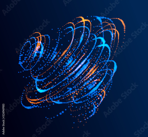 Particle flow whirlpool colorful vector abstract background, life forms bio theme microscopic spin design, dynamic dots elements in vortex motion.