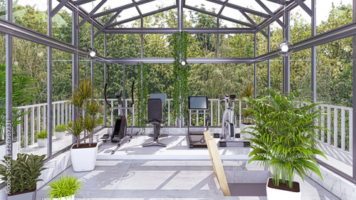 Billede på lærred Room with veranda used as a fitness room with exercise bike and treadmill, 3d il