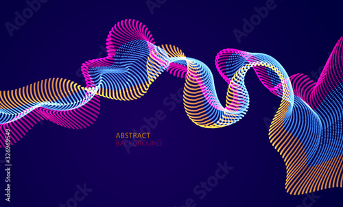 Dynamic particles sound wave flowing over dark. Dotted curves vector abstract background. Beautiful 3d wave shaped array of shining blended points.