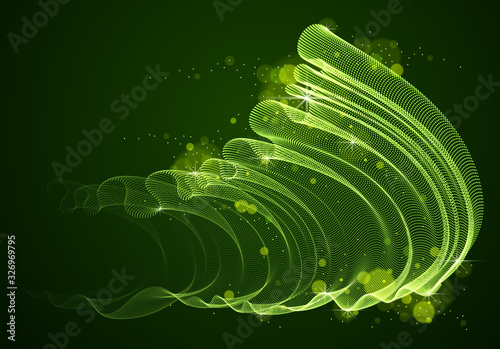 Flowing magic particles wave over dark, transparent tulle textile on wind, dynamic motion curve lines. 3d vector illustration. Beautiful calming wave shaped array of blended points.