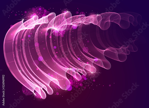 3d magic particles mesh array over dark, transparent tulle textile on wind flowing. Round points vector effect illustration. Blended mesh, 3d calming tranquil wallpaper.