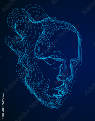 Digital soul of machine, Artificial Intelligence software visualization of human head made of dotted particles flowing wave lines array. Technical era period of evolution.