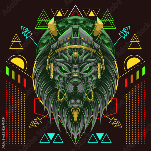 Lion Head With Headset and geometry background