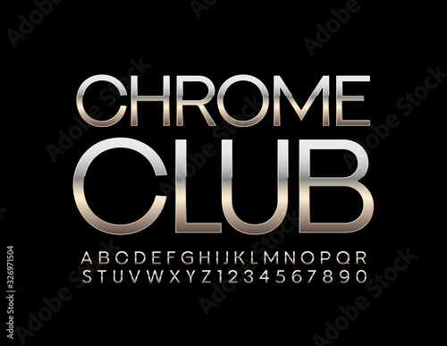 Vector bright logo Chrome Club. Metallic Alphabet Letters and Numbers. Elegant Silver Font.