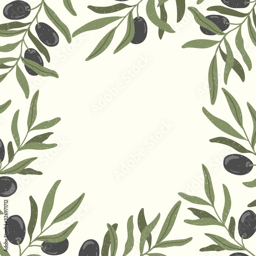 Olives branches hand drawn vector illustration. Healthy and organic food design template frame. Vintage style colorful image.