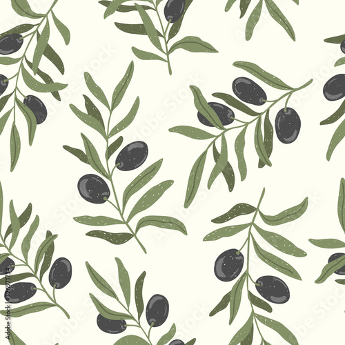 Hand drawn olive branches seamless pattern. Color botanical sketch texture. Perfect for fabric textile design