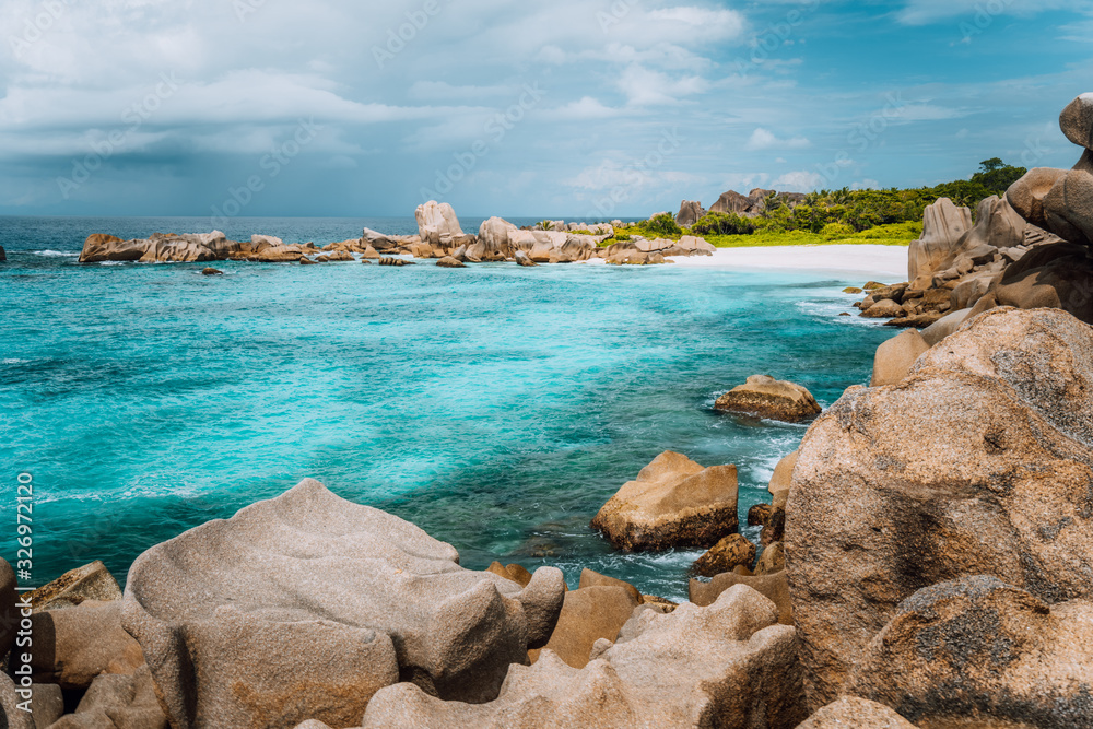 La Digue island, Seychelles. Marron hidden most remote secluded beautiful beach La Digue island, Seychelles. Marron hidden most remote secluded beautiful beach