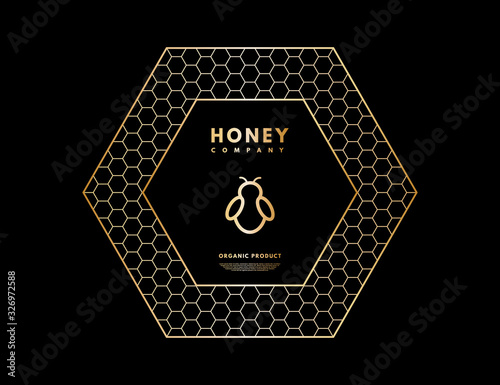 Honey logo with gold gradient honey bee in honeycombs. Vector illustration.