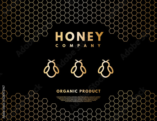 Honey logo with gold gradient honey bee and honeycombs. Vector illustration.