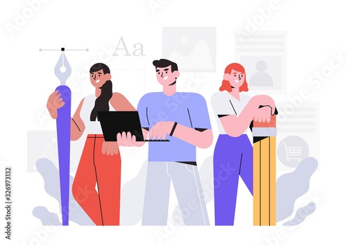 Creative team or design studio vector illustration. Man with laptop and two women with pencil and pen with anchor point. The concept of meet our team, about us for web design or ui.