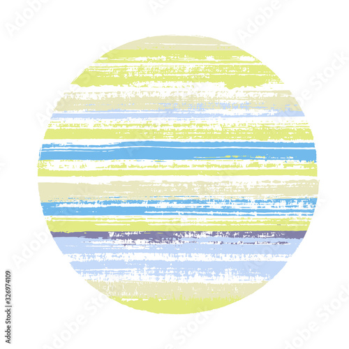 Abrupt circle vector geometric shape with striped texture of ink horizontal lines. Disk banner with old paint texture. Emblem round shape logotype circle with grunge background of stripes.