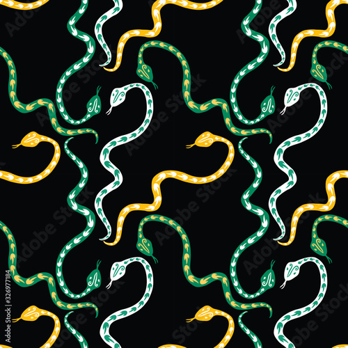 Seamless background of creeping green,yellow and white snakes