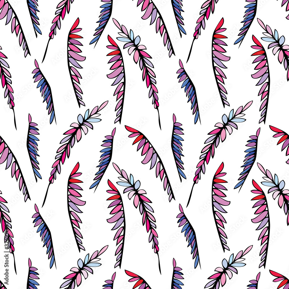 Fototapeta premium Seamless pattern of decorative branches with blue and pink leaves