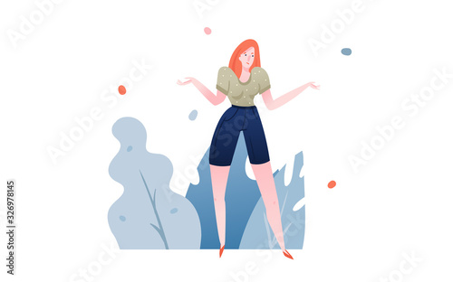 Hand drawn vector abstract cartoon modern graphic illustrations art card with girl shrugs and abstract leaves background isolated on white background