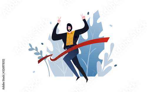 Hand drawn vector abstract cartoon modern graphic illustrations art with business man runs across the red ribbon and abstract leaves isolated on white background