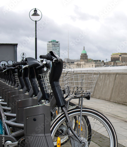 Photography Row of Dublin Bikes, bicycles available for rent in Dublin city, Ireland