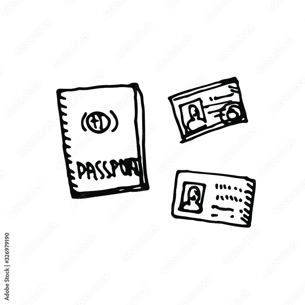 Obraz premium Documents: passport, ID card, driver's license. Hand drawn, ink simple vector icon. Isolated on white background.