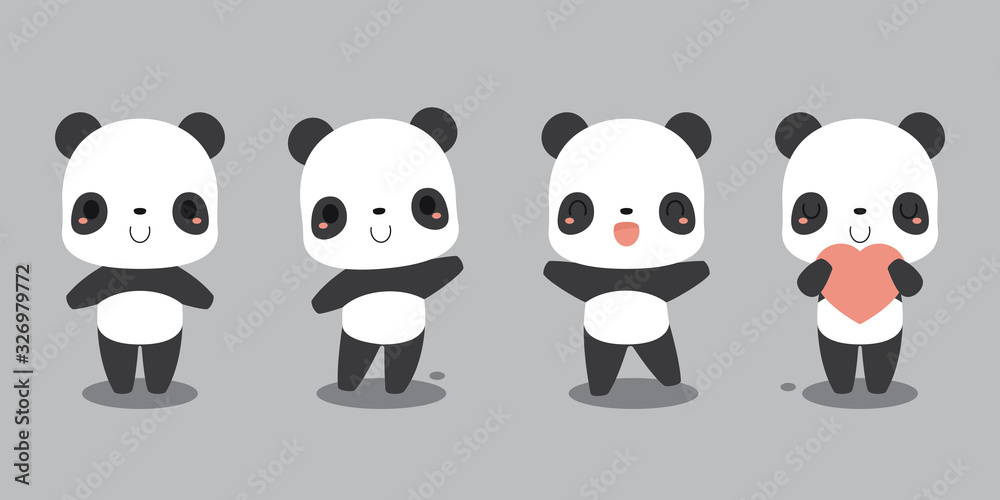 Set of cute giant panda bear cartoon characters. Flat vector illustration.