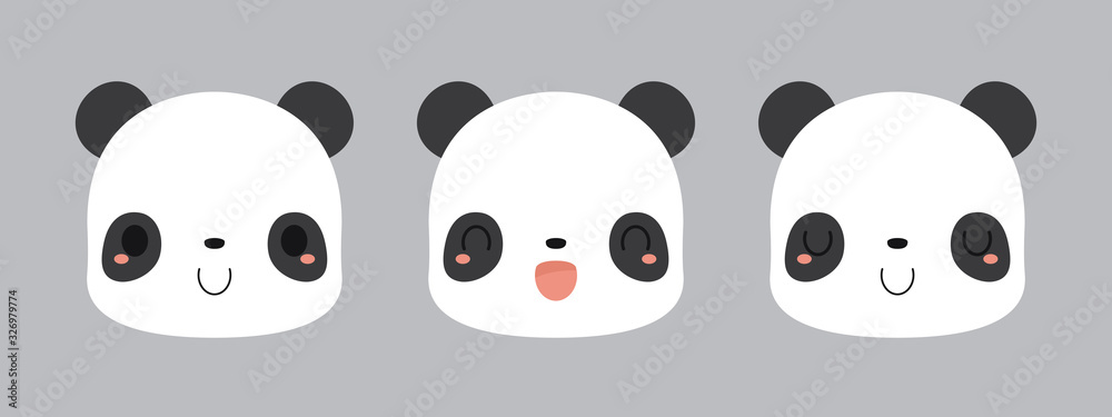 Set of cute giant panda bear cartoon icons. Flat vector illustration.	
