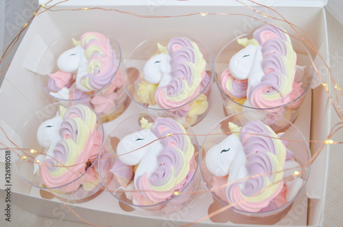 Multycolored candy unicorn meringue for birthday party