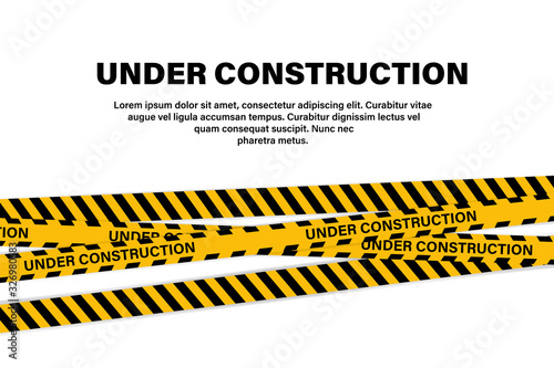 Under construction tape or ribbon banner. Yellow vector illustration. Black vector attention caution sign. Yellow warning tape. Warning attention sign. Attention caution illustration.
