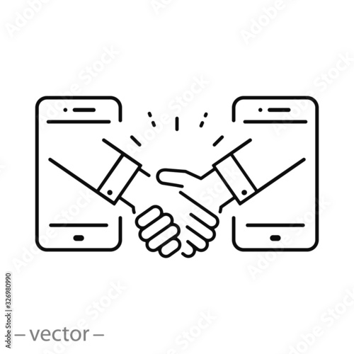 online business deal icon, startup partnership, investor partner handshake, trust people relationship, thin line web symbol on white background - editable stroke vector illustration eps10