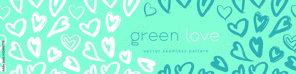 Green fashion pattern, eco fashion concept for green love banner template. Vector drawings of heart. Eco friendly seamless background. Aqua menthe colors. Crystal-clear waters. Love environment idea. Green fashion pattern, eco fashion concept for green love banner template. Vector drawings of heart. Eco friendly seamless background. Aqua menthe colors. Crystal-clear waters. Love environment idea.