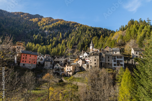 FUSIO, SWITZERLAND - OCTOBER 24, 2017: A picturesque mountain village Fusio in valley Lavizzara of italian speaking canton Ticino photo