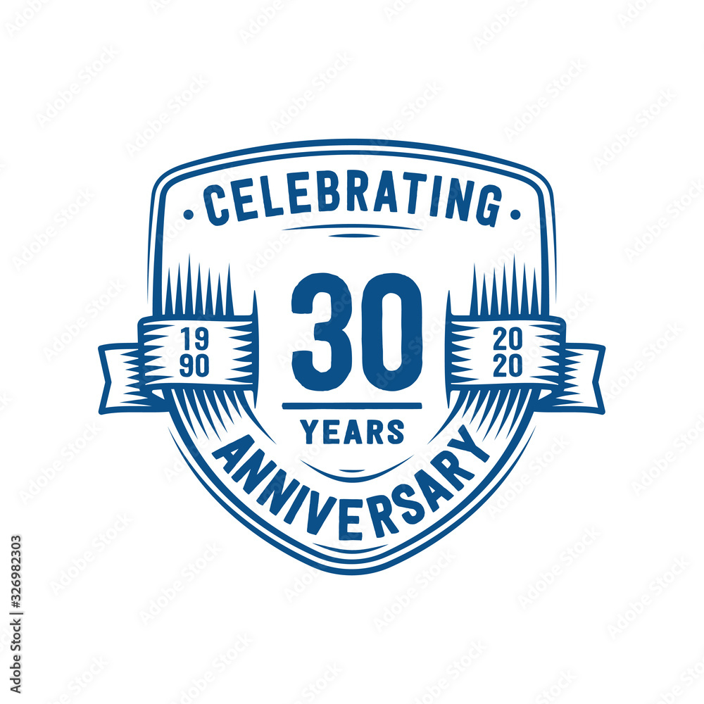 30 years anniversary celebration shield design template. 30th anniversary logo. Vector and illustration. 30 years anniversary celebration shield design template. 30th anniversary logo. Vector and illustration.