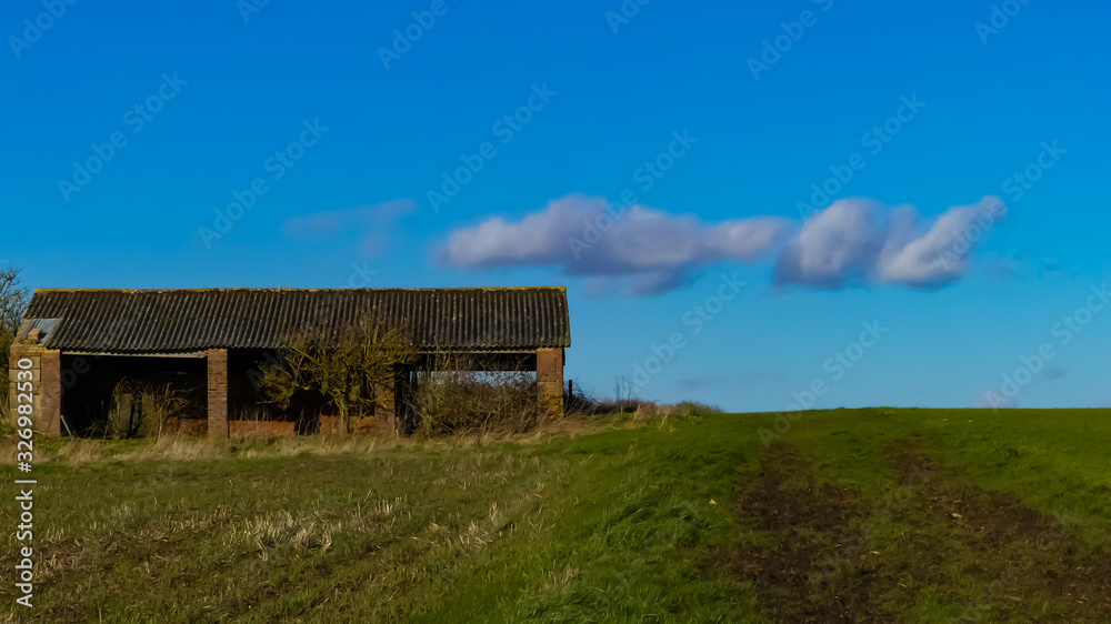 Landscape view of an abandoned, derelict farm building, with asbestos roof. Overgrown with natural trees. Standing on a green arable field with old stubble. Blue sky with unusual cloud. Space for copy Landscape view of an abandoned, derelict farm building, with asbestos roof. Overgrown with natural trees. Standing on a green arable field with old stubble. Blue sky with unusual cloud. Space for copy