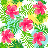 Tropical exotic palm leaves, hibiscus flowers with hand drawn style blots. Seamless pattern. Vector illustration.