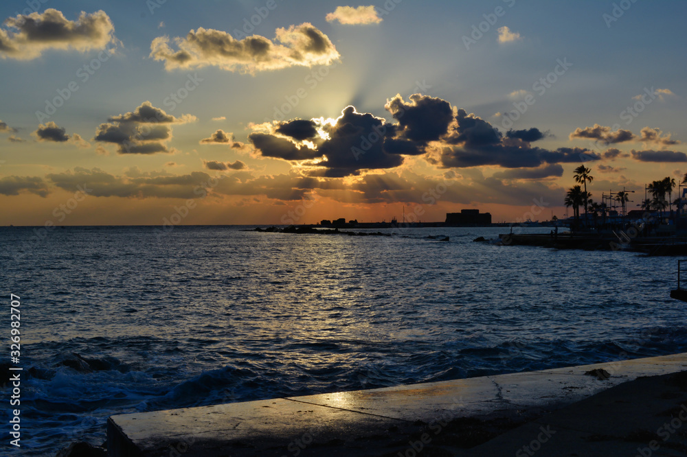 colorful sunset on the sea coast of Cyprus