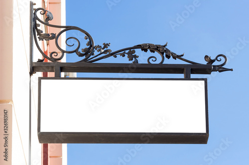 Mockup of the white blank square hanging logo sign in frame on the building wall or facade