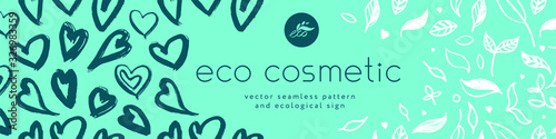 Green cosmetic pattern, eco cosmetics concept for bio cosmetics banner. Vector icons of heart. Eco friendly seamless background. Natural pattern and logo for beauty care products. Label tag template.