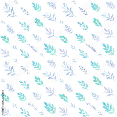 Spring seamless pattern of leaves in watercolor, greetings card, isolated on white, pastel colors