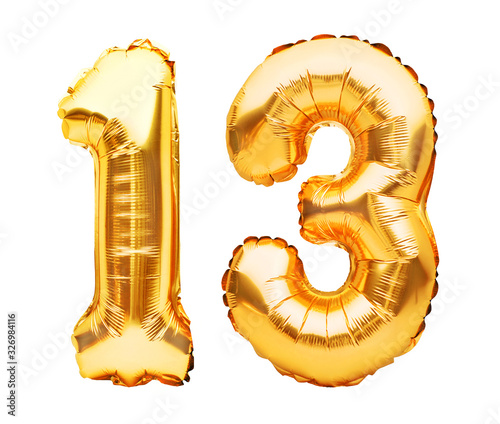 Number 13 thirteen made of golden inflatable balloons isolated on white. Helium balloons, gold foil numbers. Party decoration, anniversary sign for holidays, celebration, birthday, carnival