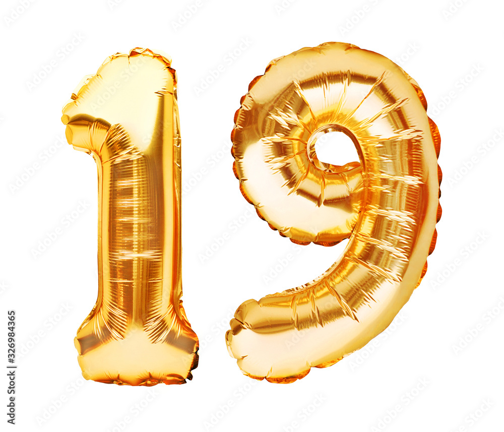 Number 19 nineteen made of golden inflatable balloons isolated on white. Helium balloons, gold foil numbers. Party decoration, anniversary sign for holidays, celebration, birthday, carnival - obrazy, fototapety, plakaty 