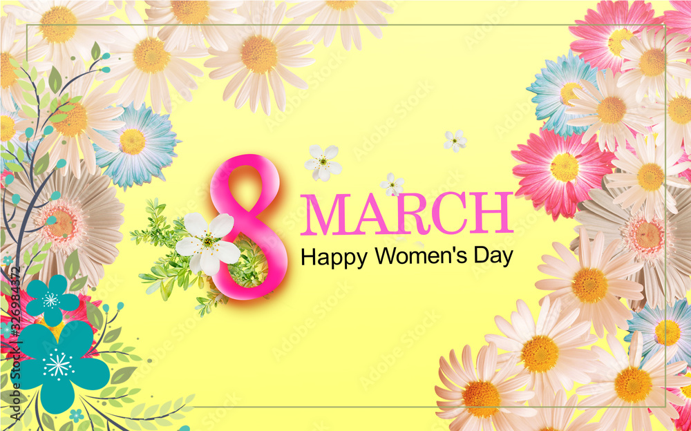 Greeting card on March 8 with beautiful flowers. Congratulations on International Women 's Day Greeting card on March 8 with beautiful flowers. Congratulations on International Women 's Day