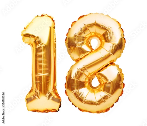 Number 18 eighteen made of golden inflatable balloons isolated on white. Helium balloons, gold foil numbers. Party decoration, anniversary sign for holidays, celebration, birthday, carnival