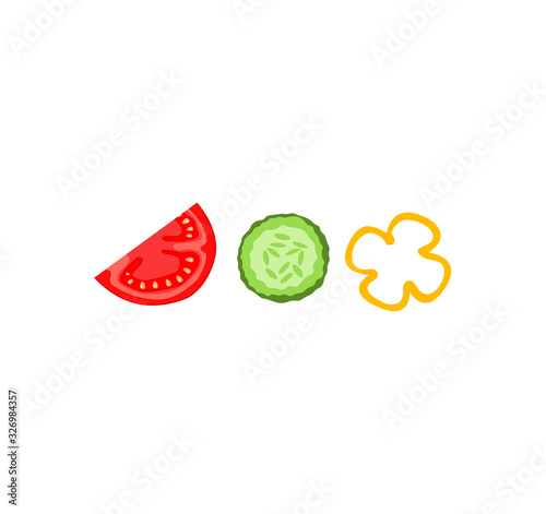 A slice of fresh and ripe tomato and a slice of cucumber with sweet pepper. Set of flat vector vegetables icons. Vegetable Salad Recipe. Healthy Eating and Detox