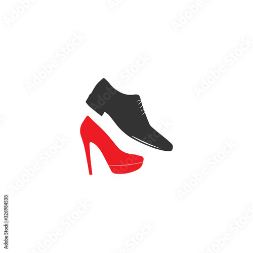 Shoes man and woman. Classic shoes. Red women high-heeled shoes. Classic black men shoes. Vector illustration for a shoe store.