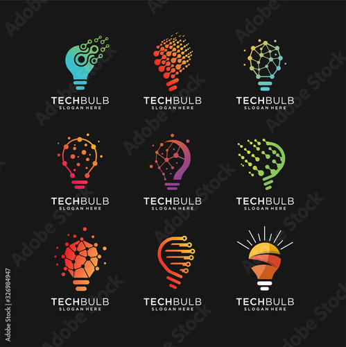 set of Modern Tech Bulb logo designs concept, Pixel Technology Bulb Idea logo template	