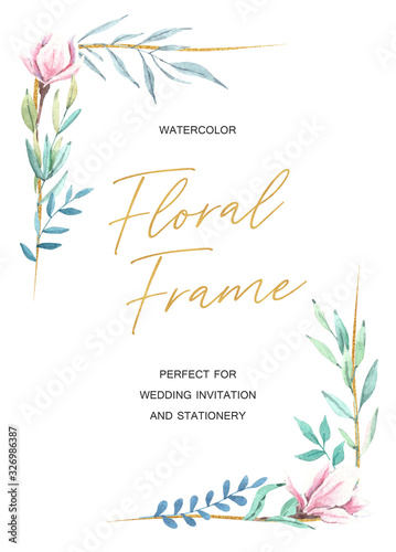 Hand drawn watercolor magnolia frame with green leaves. Golden frame, wedding invitation template
