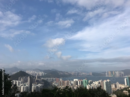 Hong Kong Island East View Chan Wan from mountain with blue sky