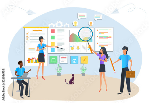 Vector concept of project task management and planning. Agile software development process. Workshop business training of office staff. Team project management. Design for banner, website, mobile app