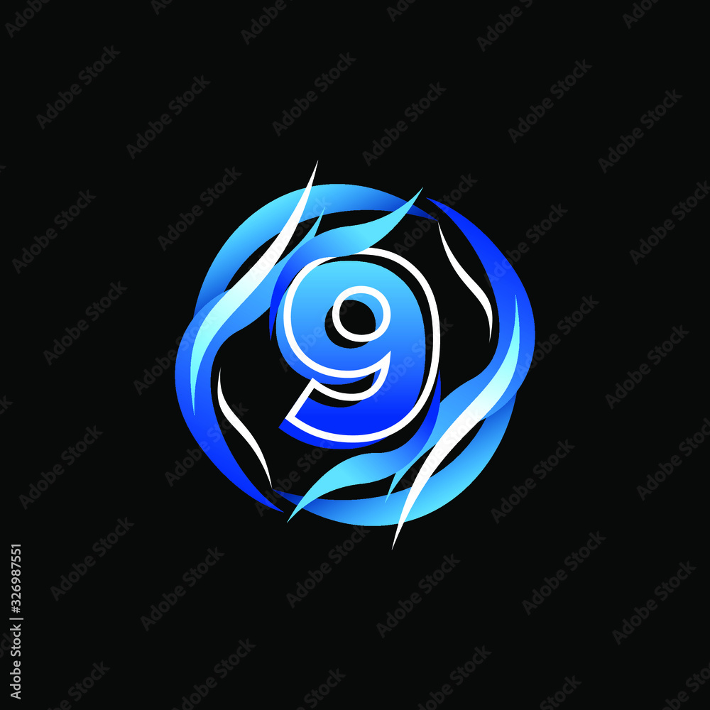 Initial Number 9 with wind or water