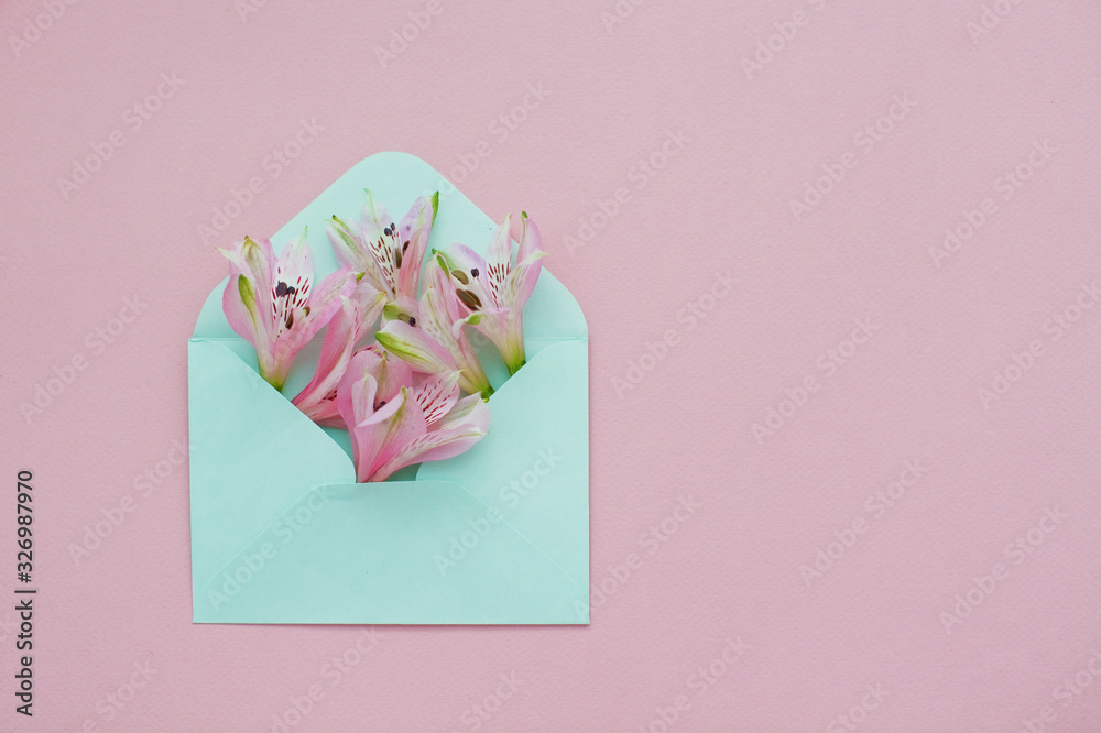 Mint envelope with a pink alstroemeria flowers inside. Mint envelope with a pink alstroemeria flowers inside.